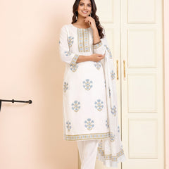 White Mul Cotton Floral Embroidered Straight Suit Set