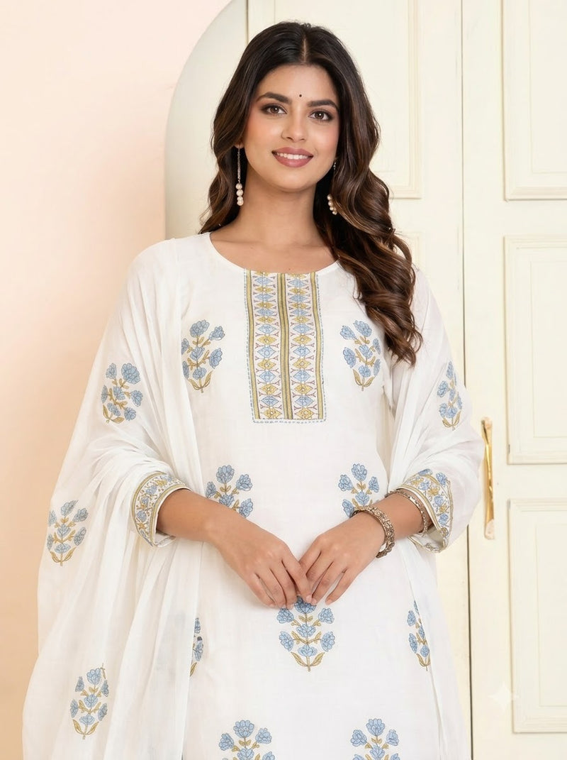 White Mul Cotton Floral Embroidered Straight Suit Set