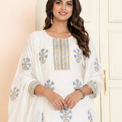 White Mul Cotton Floral Embroidered Straight Suit Set