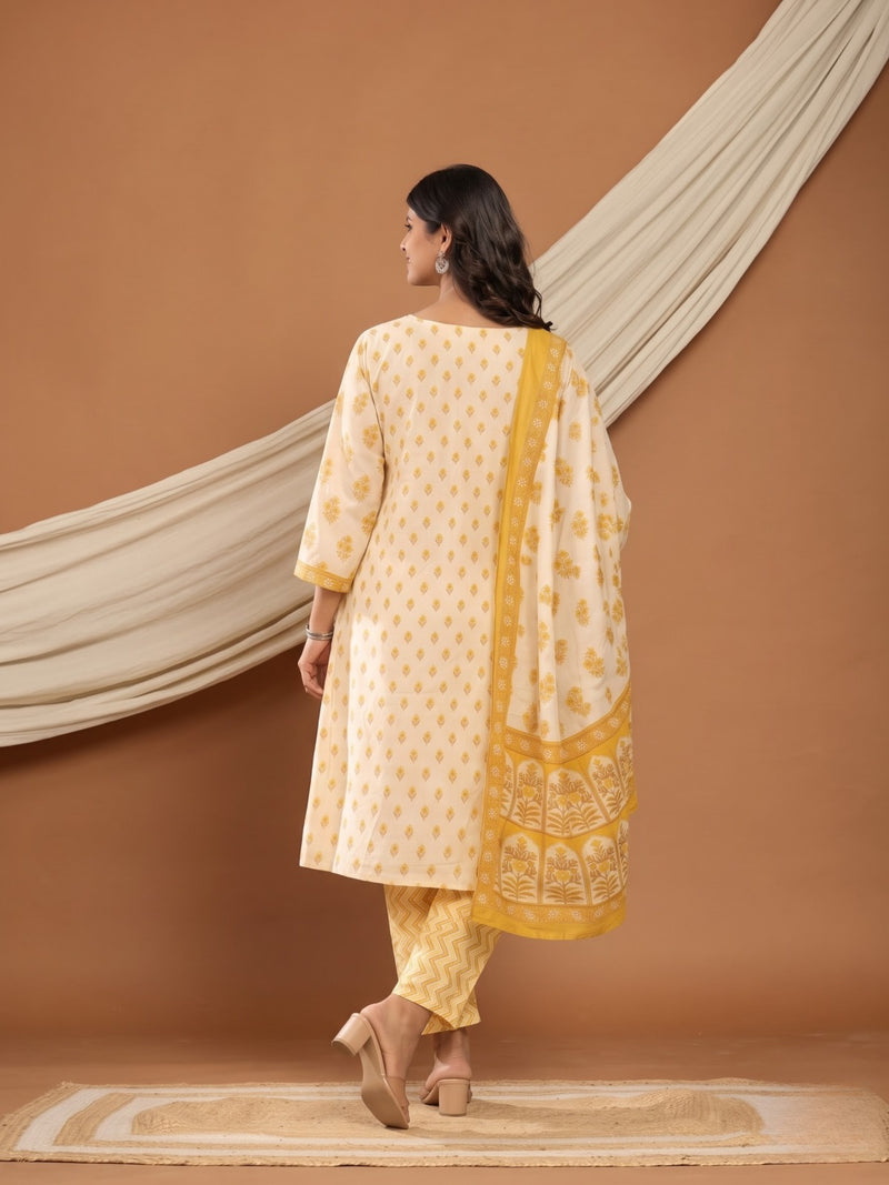 Yellow Floral Cotton Printed Suit Set