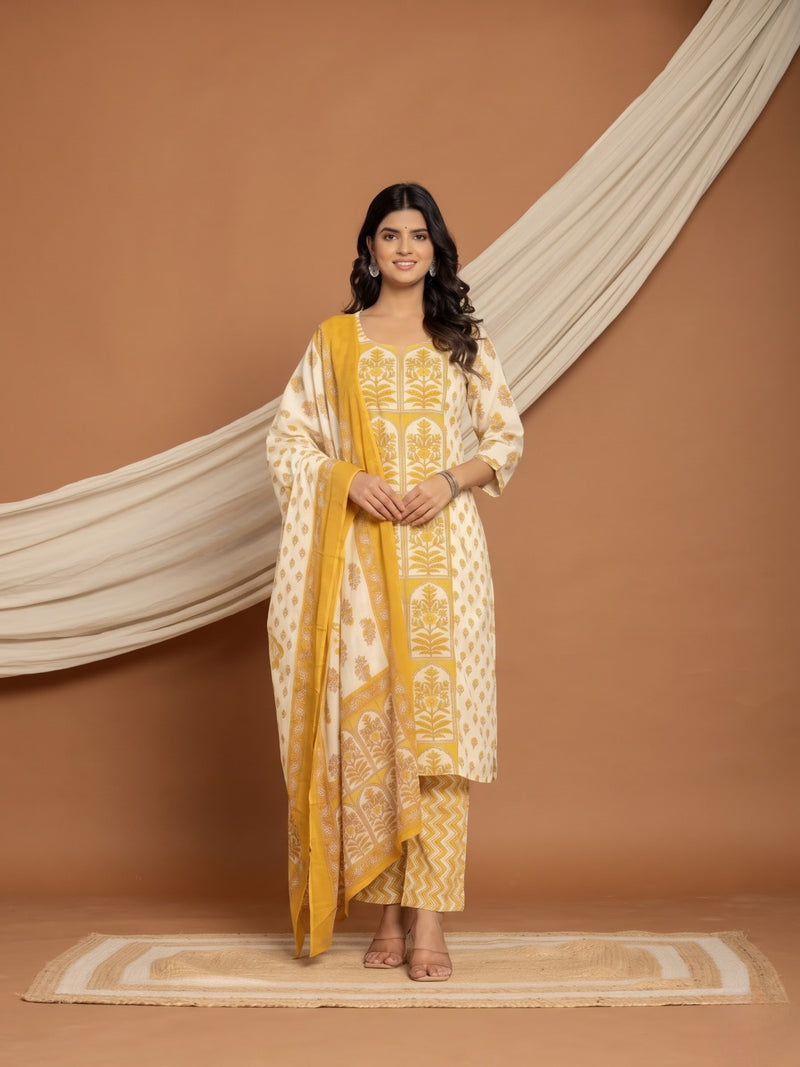 Yellow Floral Cotton Printed Suit Set