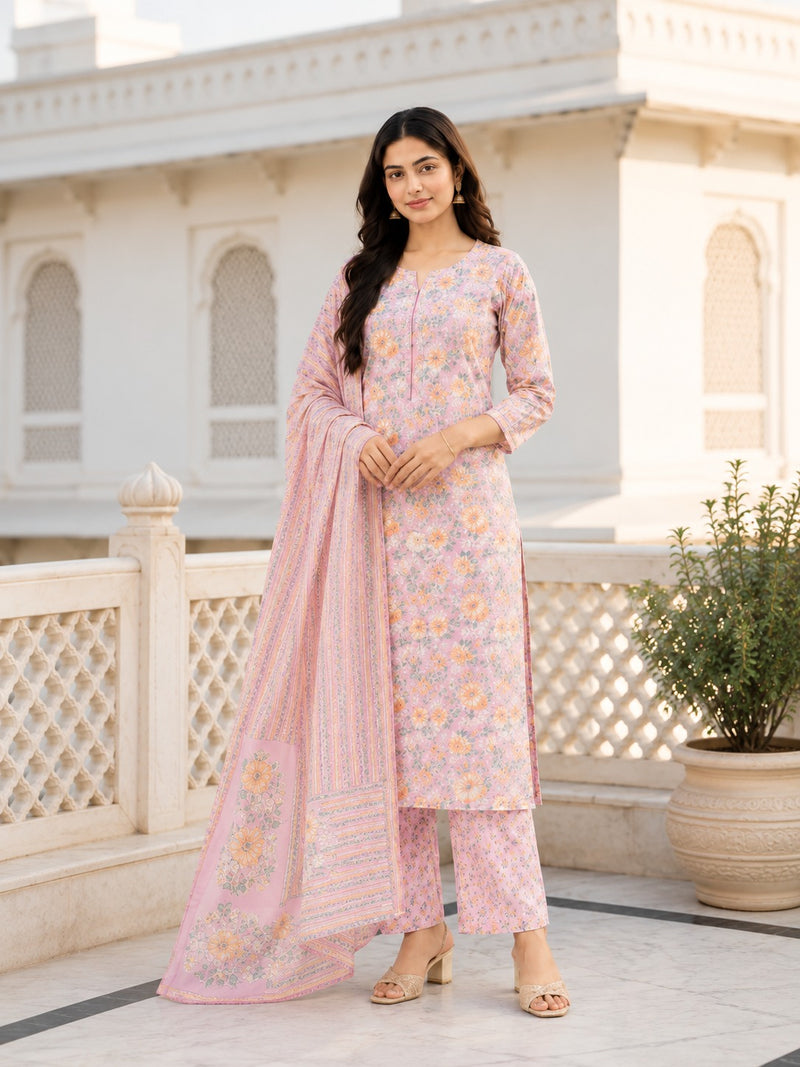 Baby Pink Floral Printed Cotton Suit Set