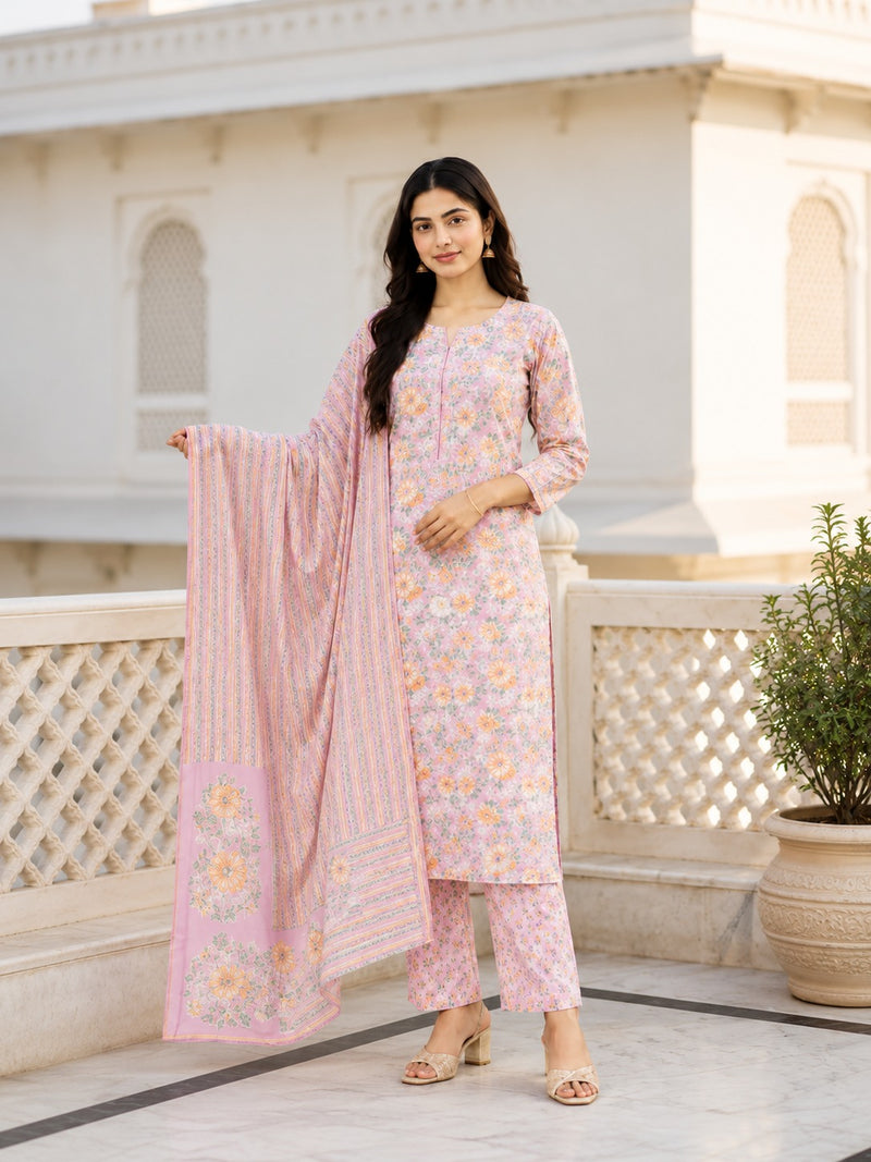 Baby Pink Floral Printed Cotton Suit Set