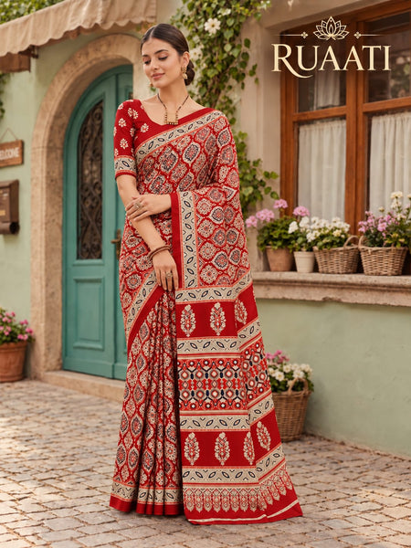 Red Modal Silk Saree with Mirror Work & Designer Border