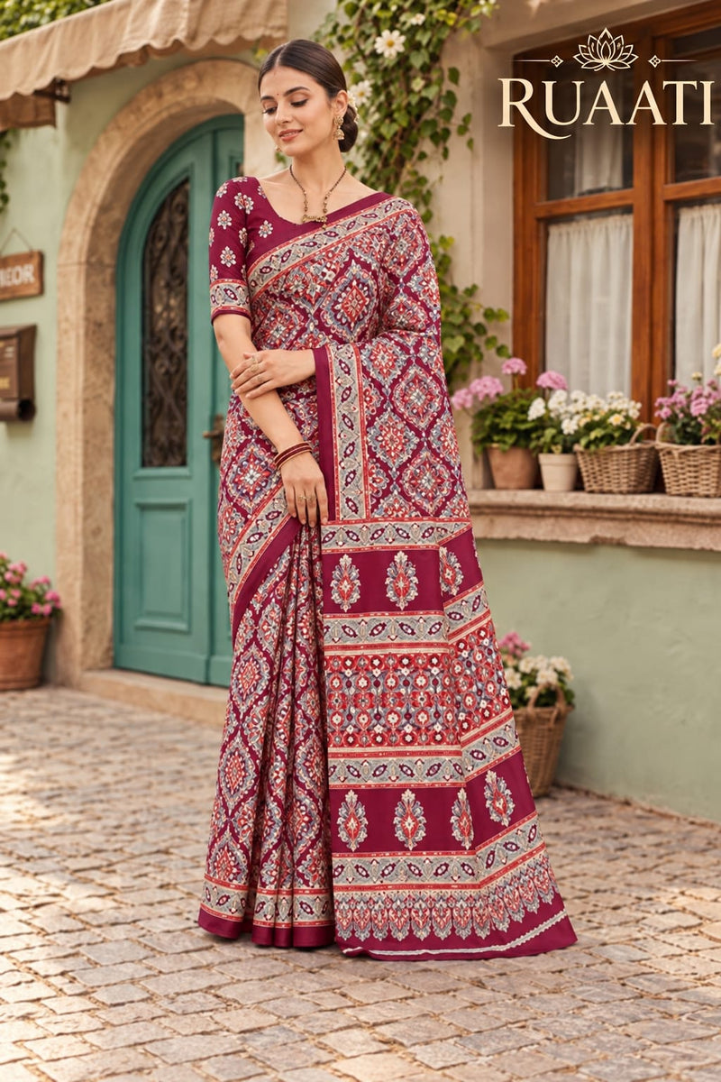 Maroon Modal Silk Saree with Mirror Work & Designer Border