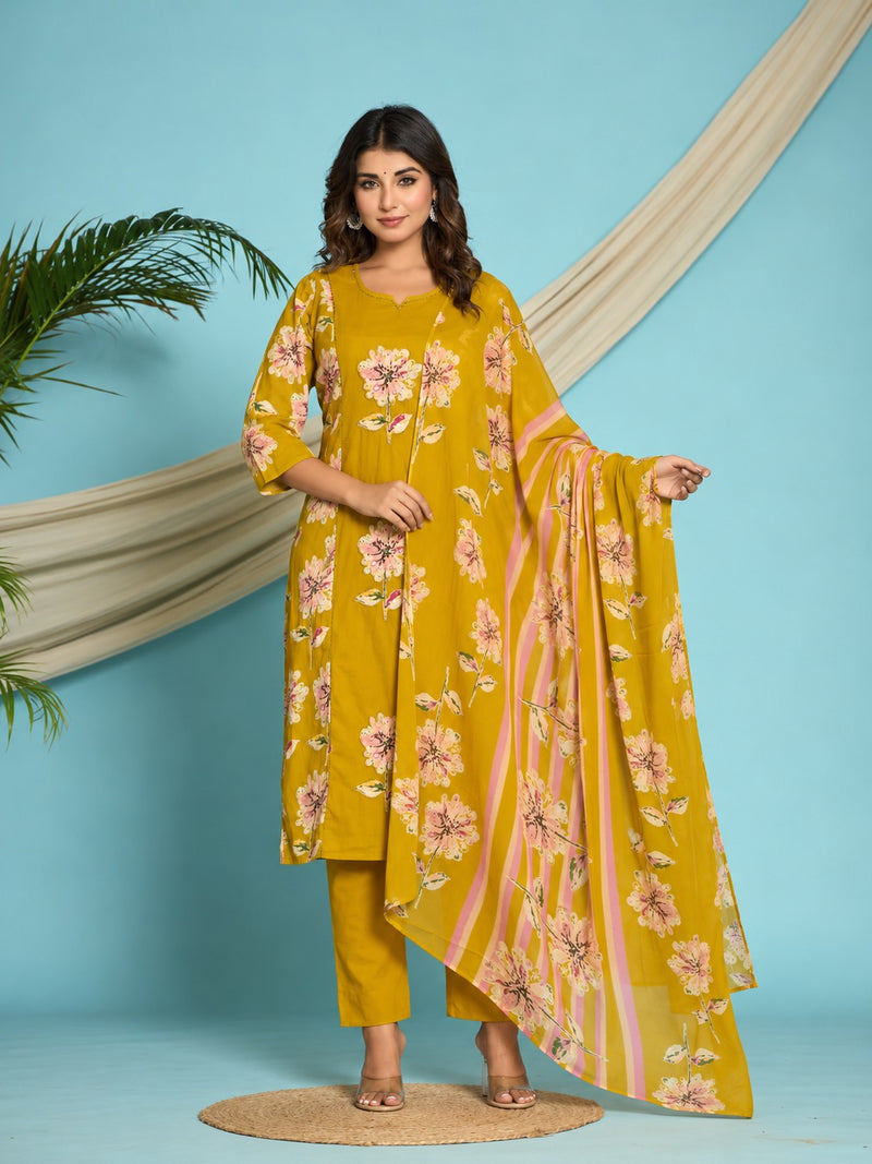 Yellow Floral Printed Suit Set