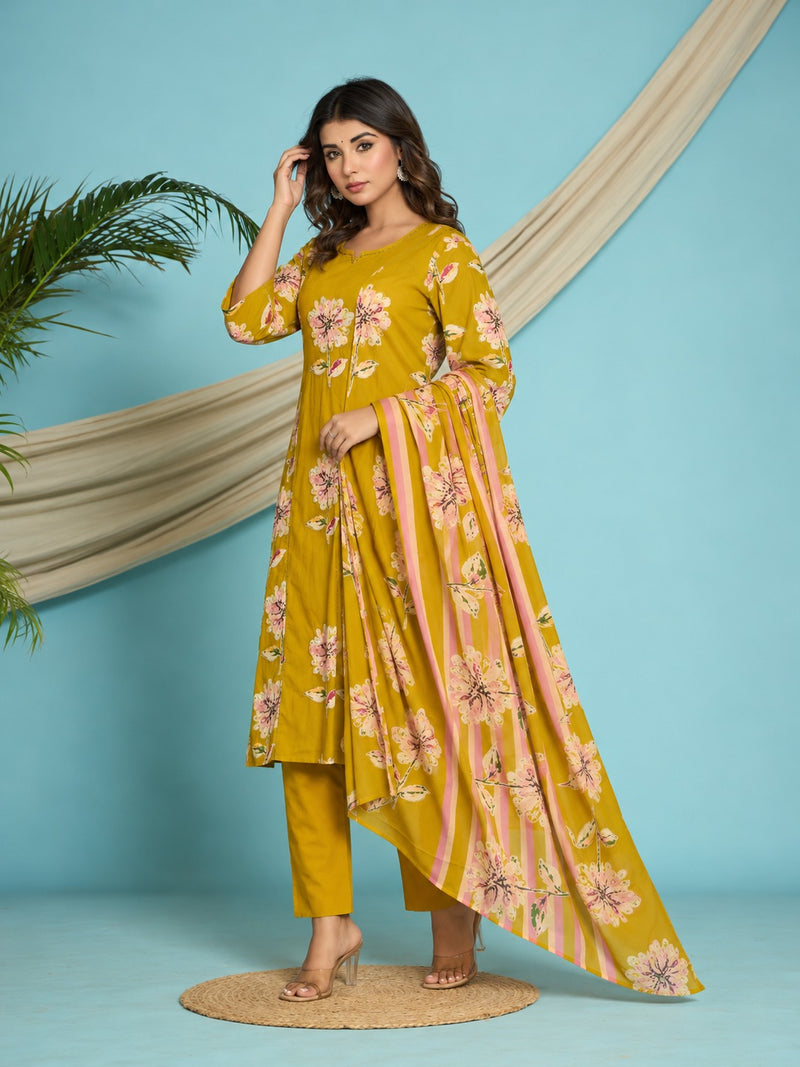 Yellow Floral Printed Suit Set