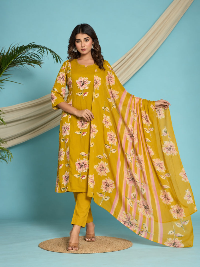 Yellow Floral Printed Suit Set