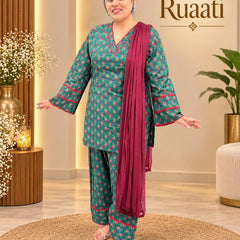 Teal Green Printed Cotton Farsi Salwar Suit Set with Dupatta