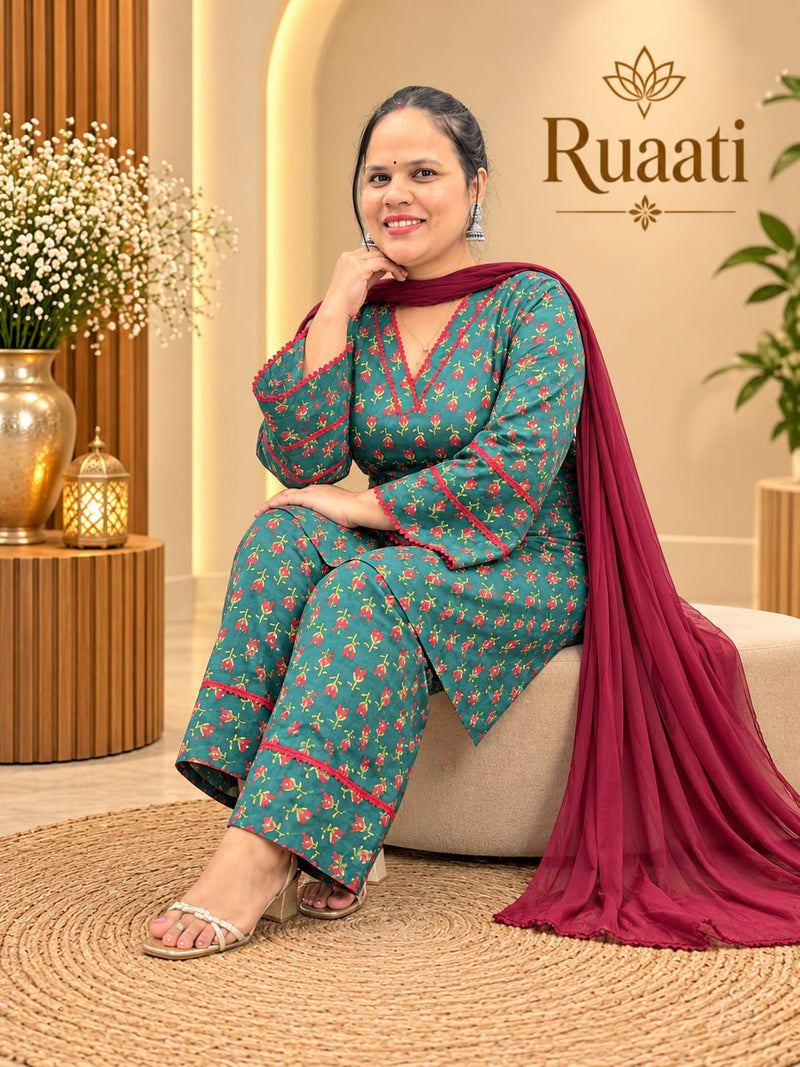 Teal Green Printed Cotton Farsi Salwar Suit Set with Dupatta