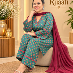 Teal Green Printed Cotton Farsi Salwar Suit Set with Dupatta