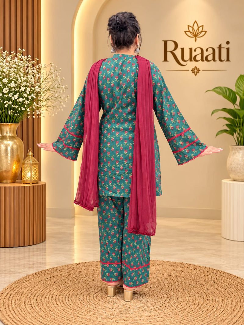 Teal Green Printed Cotton Farsi Salwar Suit Set with Dupatta