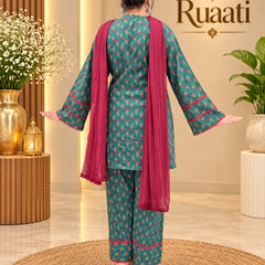 Teal Green Printed Cotton Farsi Salwar Suit Set with Dupatta