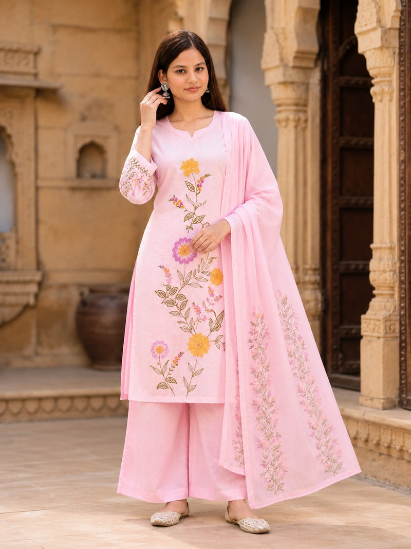 Pink Floral Embroidered Straight Cotton Suit Set