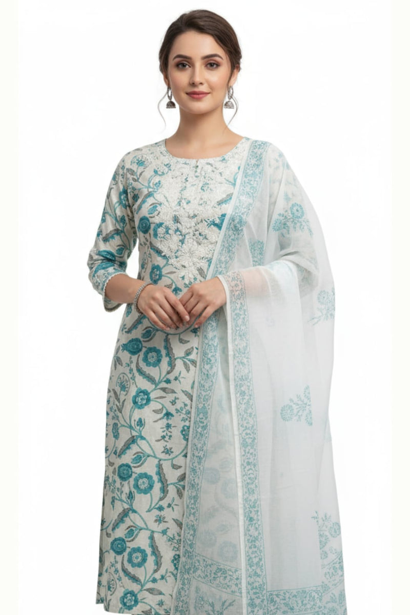 Ruaati Premium White & Turquoise Floral Printed Cotton Suit Set with Matching Dupatta