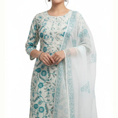 Ruaati Premium White & Turquoise Floral Printed Cotton Suit Set with Matching Dupatta