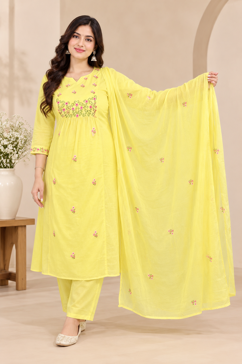 Yellow Mul Cotton Embroidered Suit Set