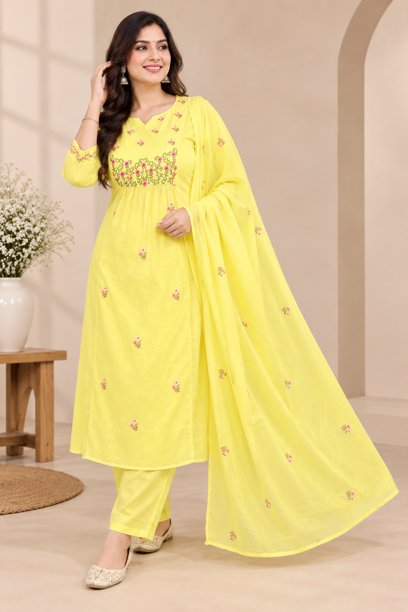Yellow Mul Cotton Embroidered Suit Set