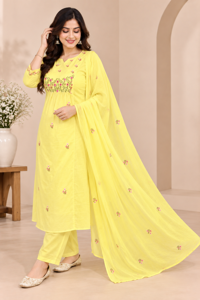Yellow Mul Cotton Embroidered Suit Set