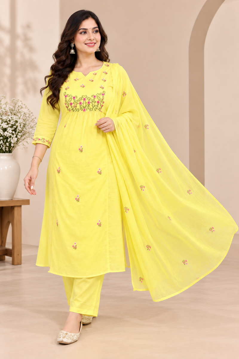 Yellow Mul Cotton Embroidered Suit Set