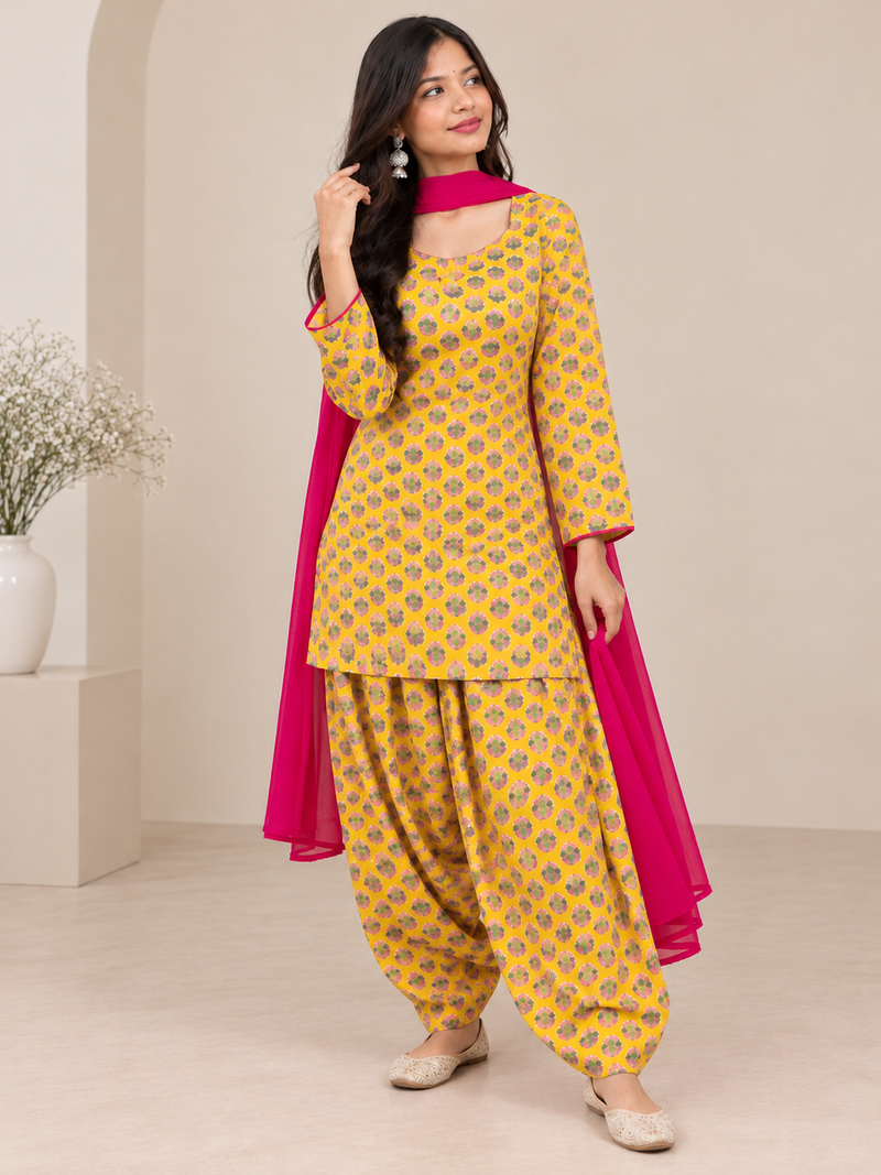 Royal Mustard Printed Cotton Farsi Salwar Suit Set with Dupatta
