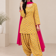 Royal Mustard Printed Cotton Farsi Salwar Suit Set with Dupatta