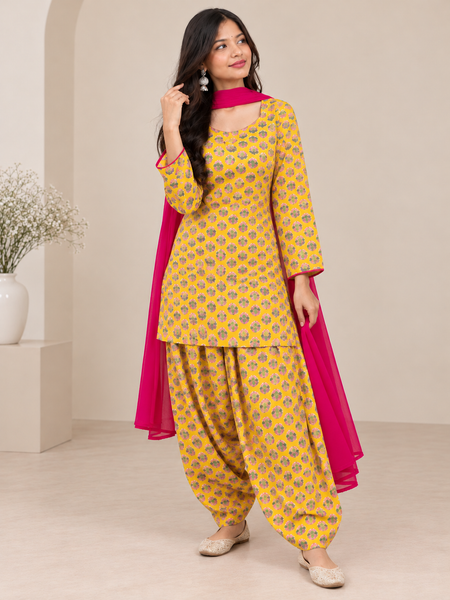 Royal Mustard Printed Cotton Farsi Salwar Suit Set with Dupatta