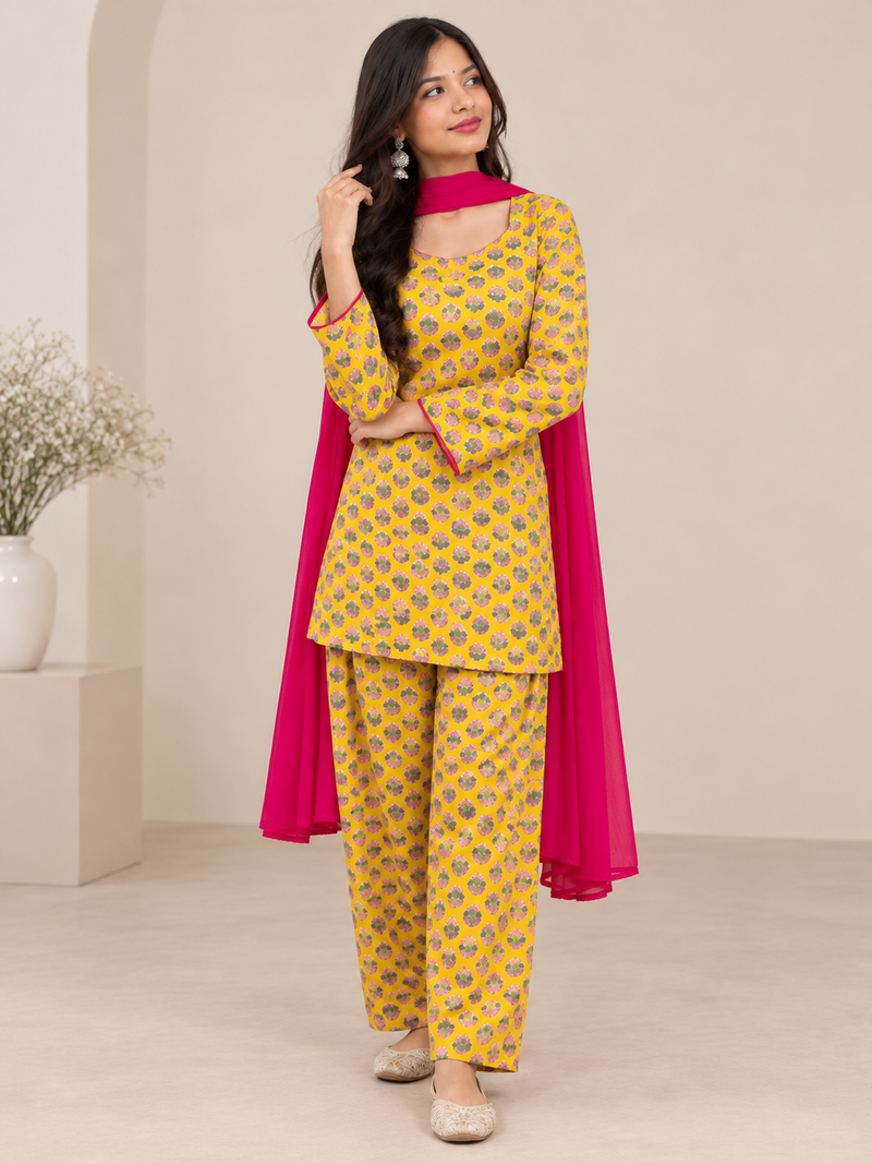 Royal Mustard Printed Cotton Farsi Salwar Suit Set with Dupatta