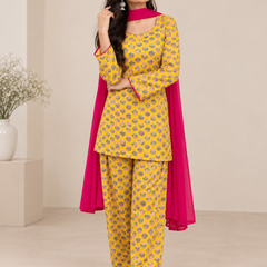 Royal Mustard Printed Cotton Farsi Salwar Suit Set with Dupatta