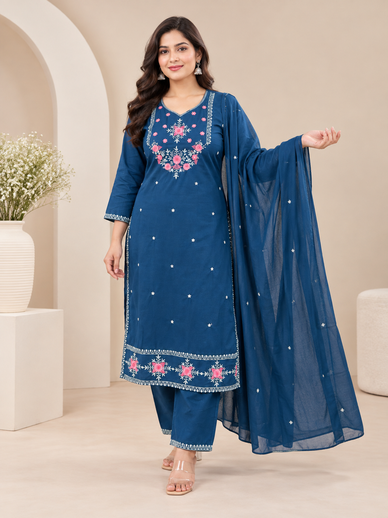 Blue Embroidered Cotton Suit Set