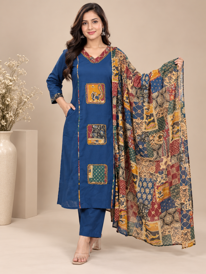 Navy Blue Printed Embroidered Suit Set