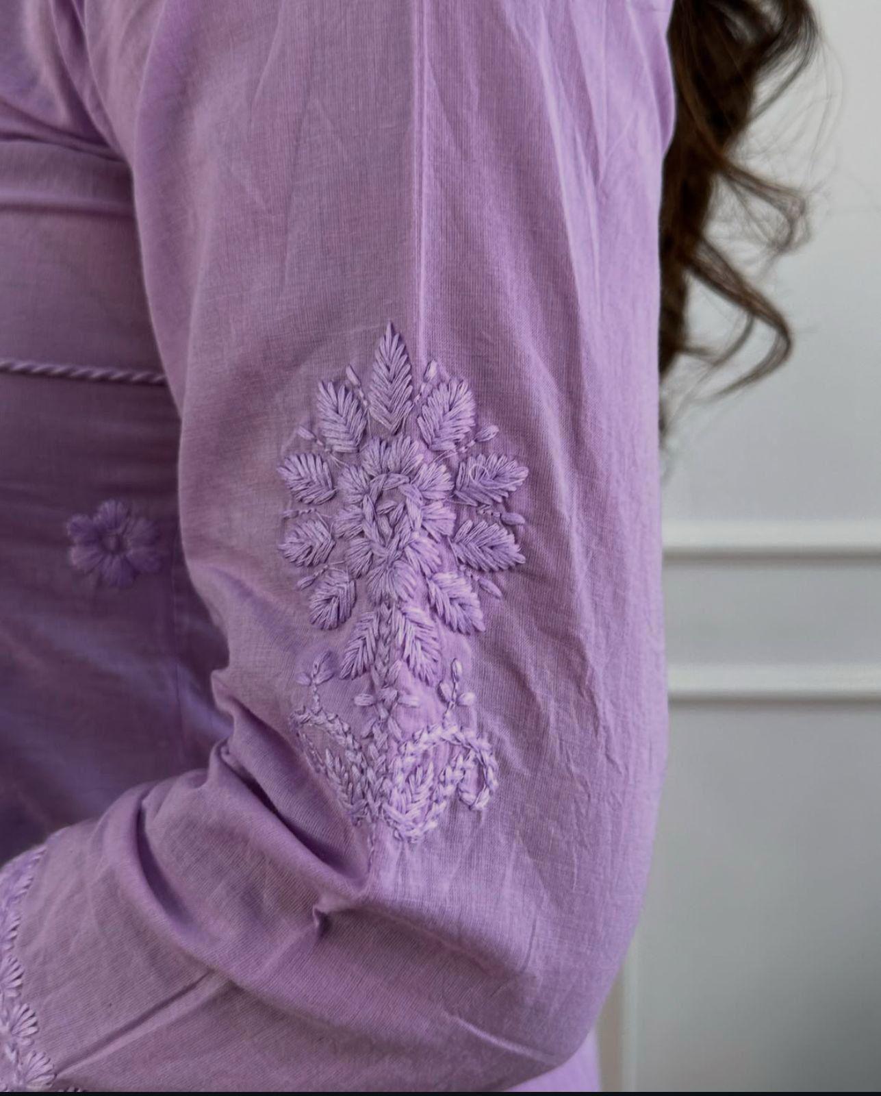 Heavy Chicken Kari Embroidery, Lavender with Matching Cotton Thread; Beautiful Suit 2 PC Set.