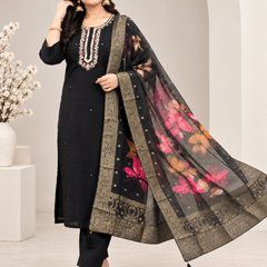Black Embroidered Suit Set with Organza Dupatta