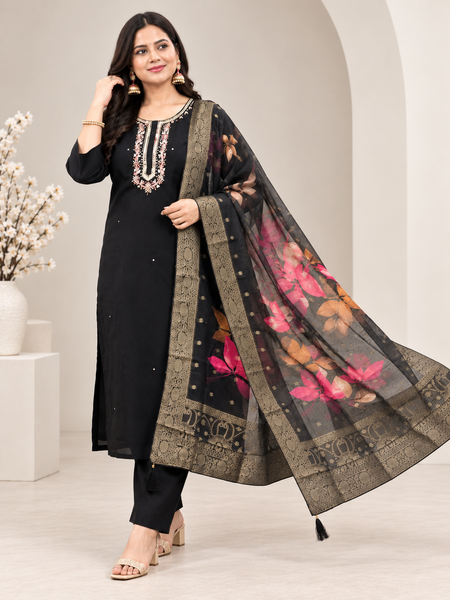 Black Embroidered Suit Set with Organza Dupatta