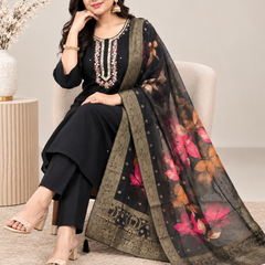 Black Embroidered Suit Set with Organza Dupatta