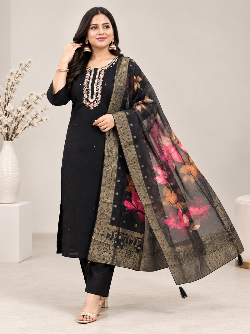 Black Embroidered Suit Set with Organza Dupatta