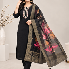 Black Embroidered Suit Set with Organza Dupatta