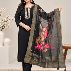 Black Embroidered Suit Set with Organza Dupatta