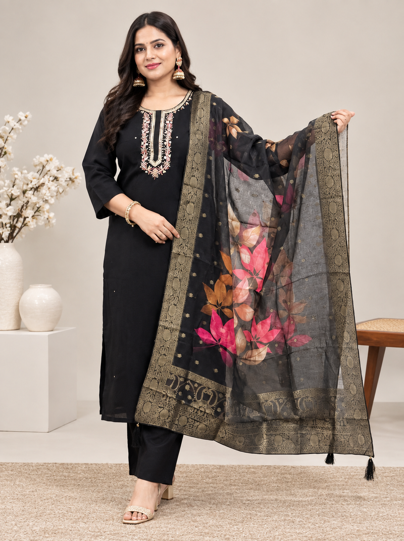 Black Embroidered Suit Set with Organza Dupatta