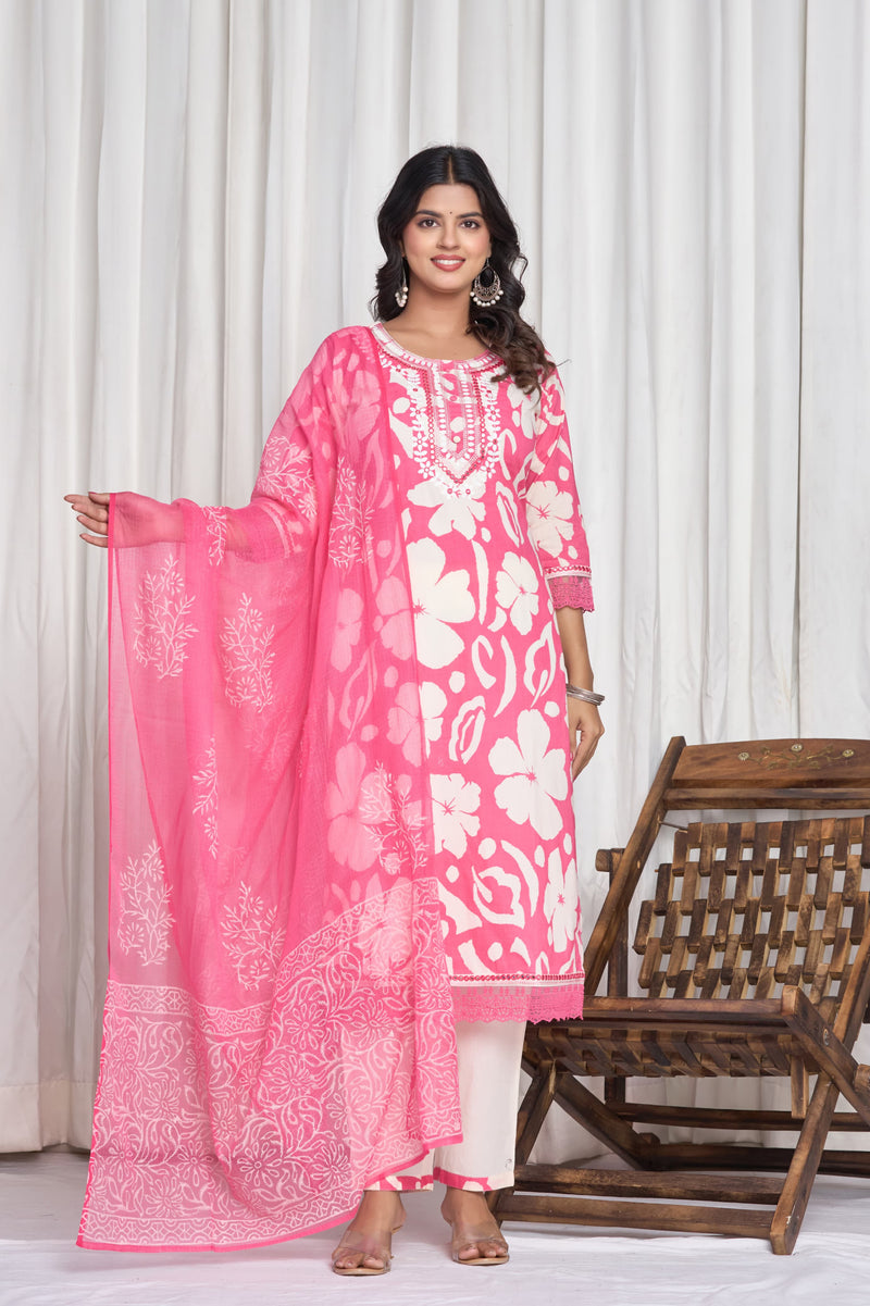 Ruaati Premium Pink Floral Printed Cotton Suit Set with Elegant Embroidered Neckline & Matching Dupatta