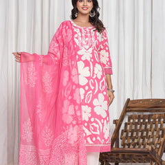 Ruaati Premium Pink Floral Printed Cotton Suit Set with Elegant Embroidered Neckline & Matching Dupatta