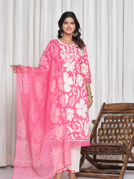 Ruaati Premium Pink Floral Printed Cotton Suit Set with Elegant Embroidered Neckline & Matching Dupatta