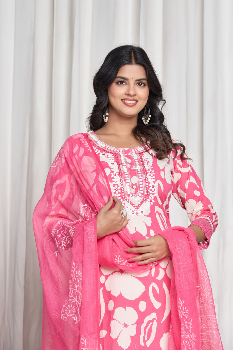 Ruaati Premium Pink Floral Printed Cotton Suit Set with Elegant Embroidered Neckline & Matching Dupatta