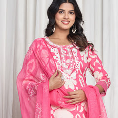 Ruaati Premium Pink Floral Printed Cotton Suit Set with Elegant Embroidered Neckline & Matching Dupatta