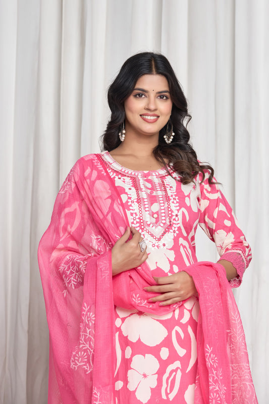Rich Cotton Kurta Set with Hand Block Printed Kota Doria, Work in Neck and Bottom Pure Cotton Gown Set. Superior Quality Cotton Fabric Material. 3 Pc Sets