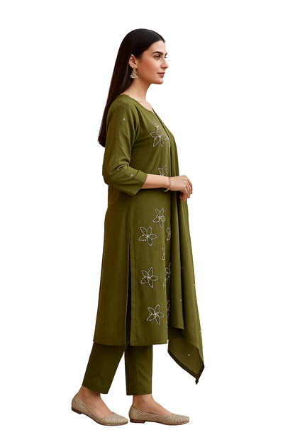 Ruaati Women Cotton Embroidery Kurta Pant Dupatta 3 PC. Suit for Festive Wear.