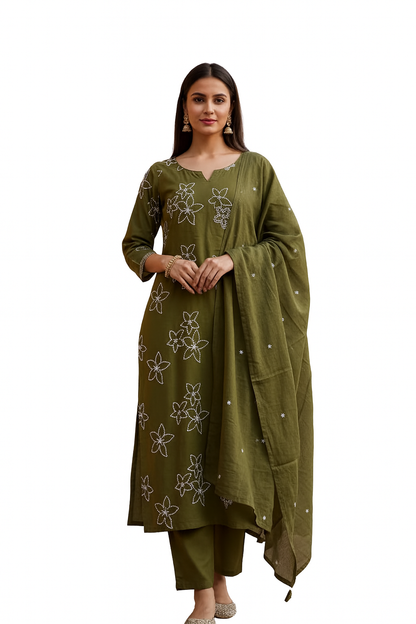 Ruaati Women Cotton Embroidery Kurta Pant Dupatta 3 PC. Suit for Festive Wear.