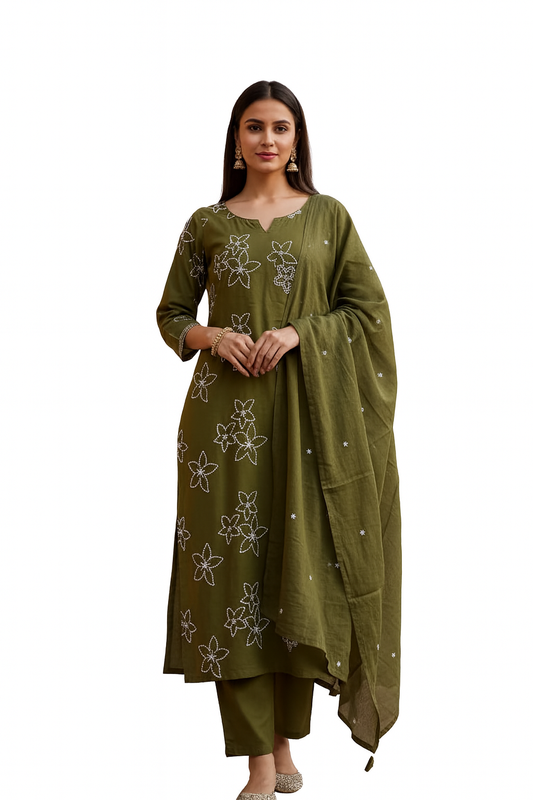 Ruaati Women Cotton Embroidery Kurta Pant Dupatta 3 PC. Suit for Festive Wear.