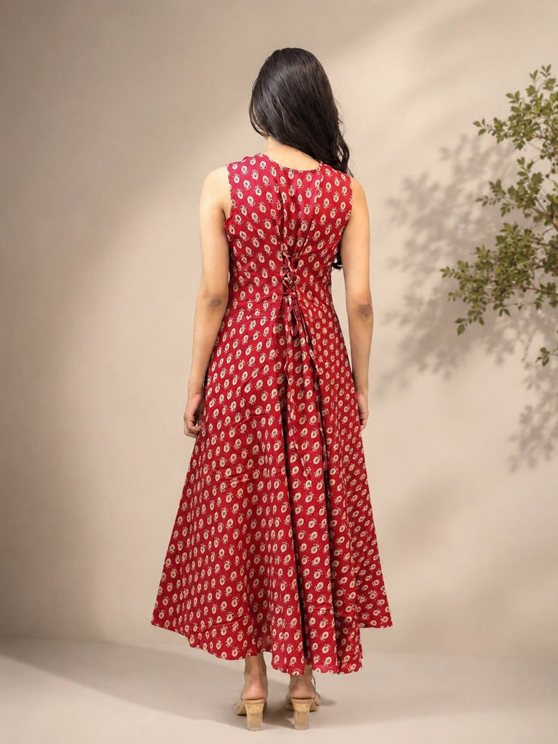 Red Floral Printed Flared Midi Dress