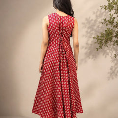 Red Floral Printed Flared Midi Dress